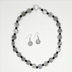 Handmade Black and Gray Beaded Necklace and Earrings Set Hand Crafted